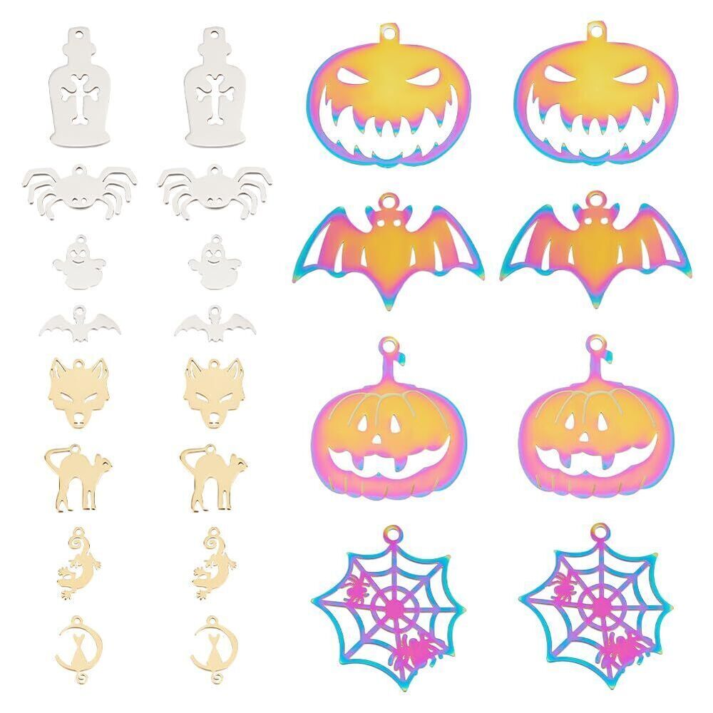4454 24Pcs 12 Styles Halloween Charms 304 Stainless Steel Charms Fox Bat